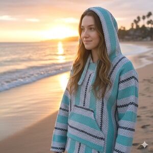 Earth Ragz Size Small Baja Hoodie Turquoise Teal Grey Striped Mexican Poncho